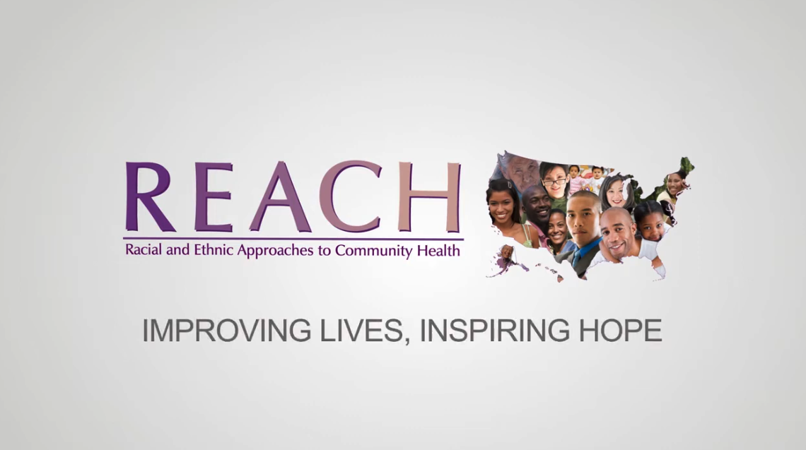 Title card reading REACH — Racial and Ethnic Approaches to Community Health — Improving Lives, Inspiring Hope, with a map of the United States filled with community portraits, from the CDC film REACH: Improving Lives, Inspiring Hope