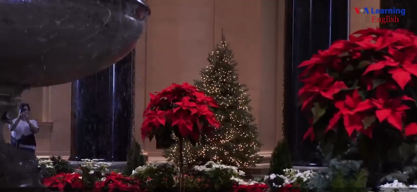 A grand hall decorated for the holidays with red poinsettias, a stone fountain and a lit Christmas tree, carrying a VOA Learning English on-screen mark, in a still from VOA Learning English Presents 'A Visit From St. Nicholas'