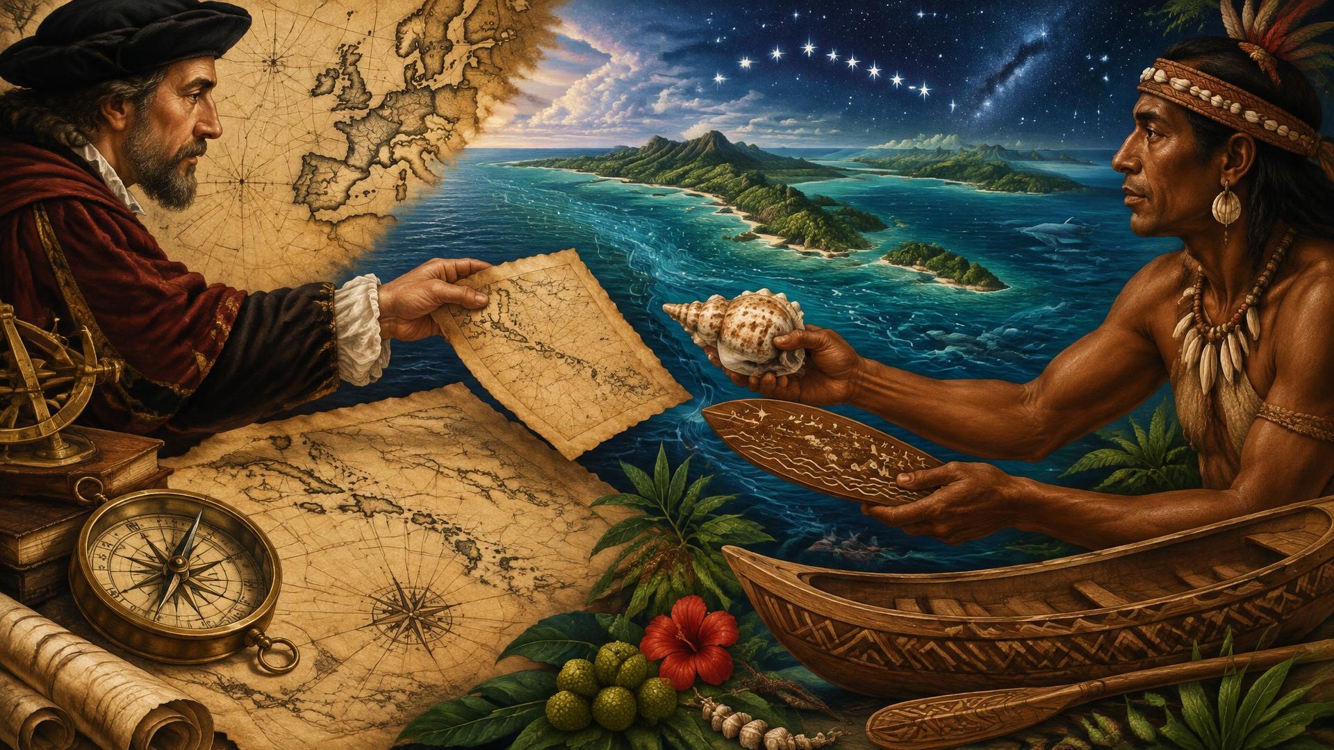 Illustration of a European navigator offering a parchment map while an Indigenous navigator offers a conch shell and carved star chart, with islands, ocean and night sky between them — two knowledge systems meeting