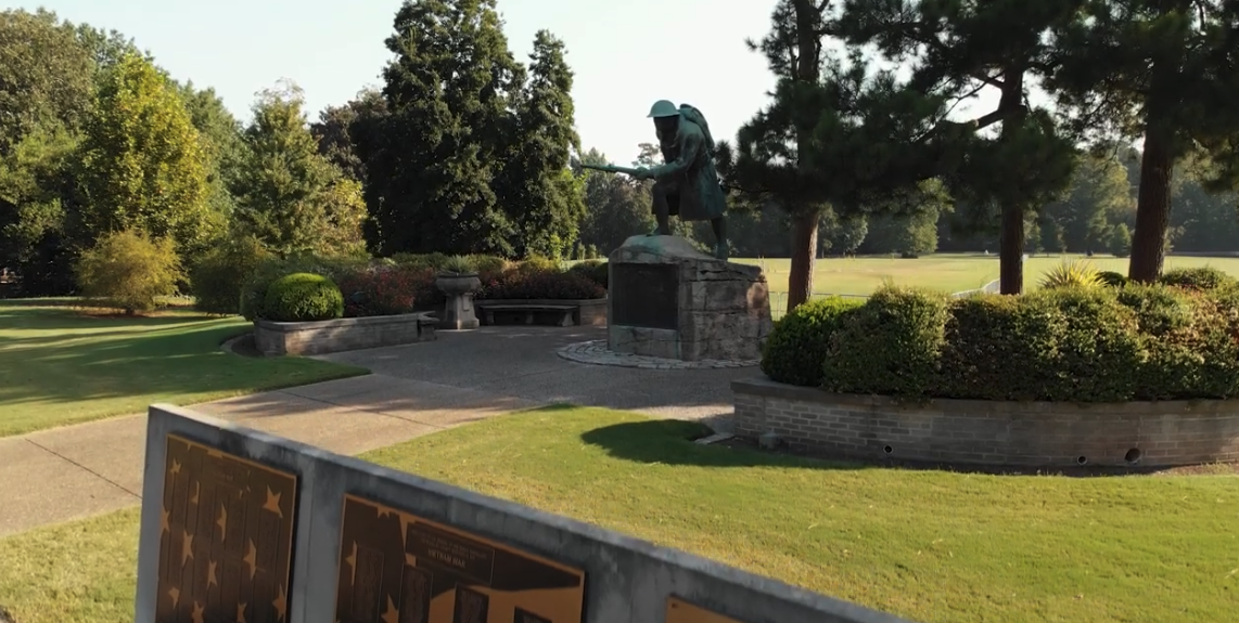 The Doughboy memorial statue on the Memphis VA Medical Center grounds in a still from Finding the Way to Zero: PTSD Program