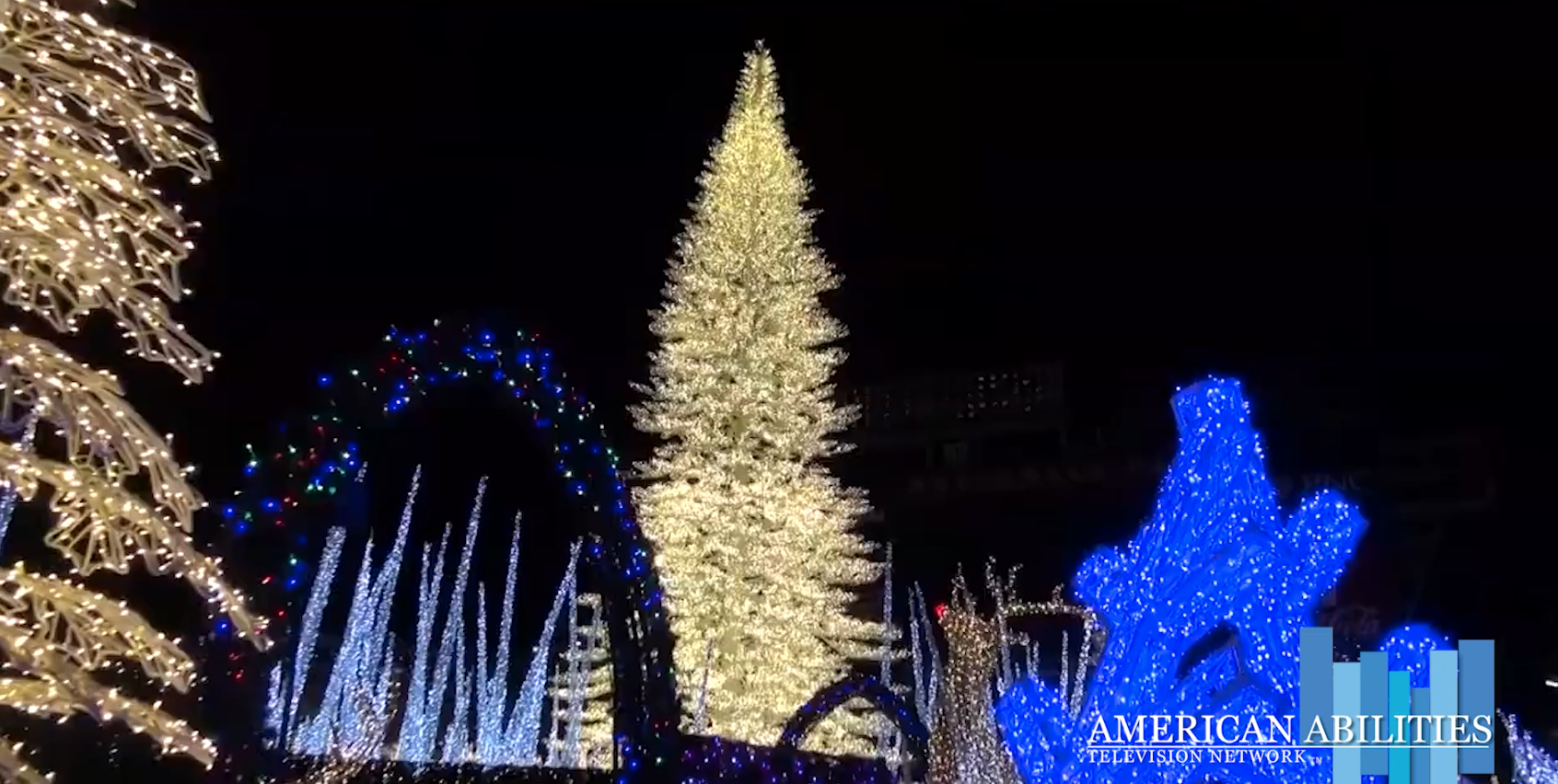 A nighttime holiday light display with a glowing conical Christmas tree, an arch of blue lights and an illuminated blue sculpture, in a still from the Holiday Displays in Washington, DC segment