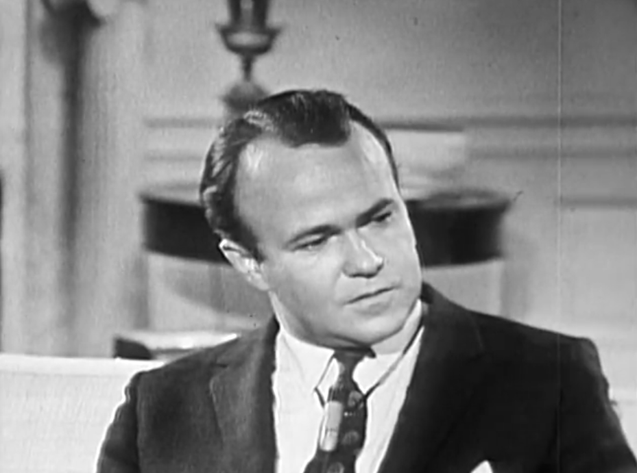 NBC News correspondent Sander Vanocur listening during the 1962 After Two Years interview, in a public-domain still from the original broadcast