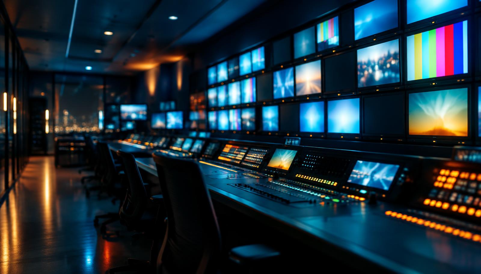 Broadcast master control room wall of monitors