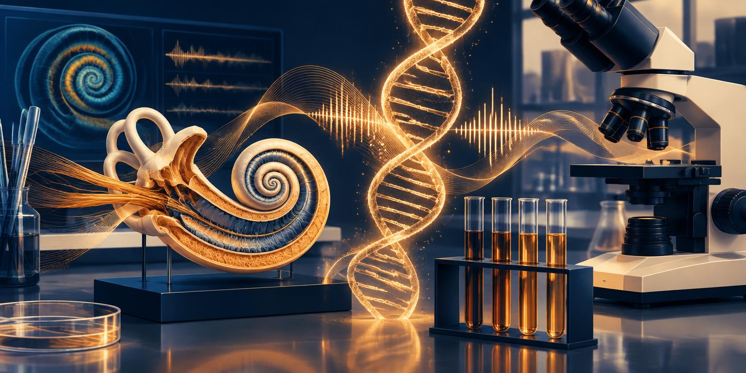 Illustration of a cochlea model, DNA strand and lab equipment