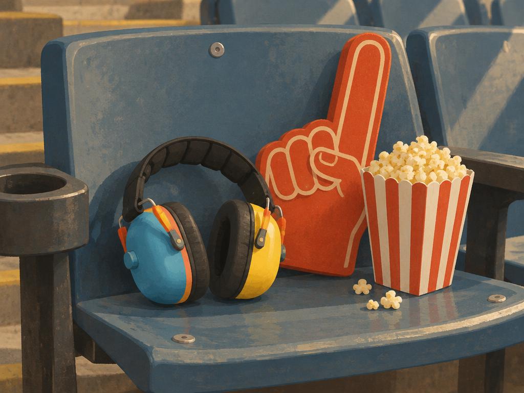 Illustration of child-size earmuffs on a stadium seat beside popcorn and a foam finger